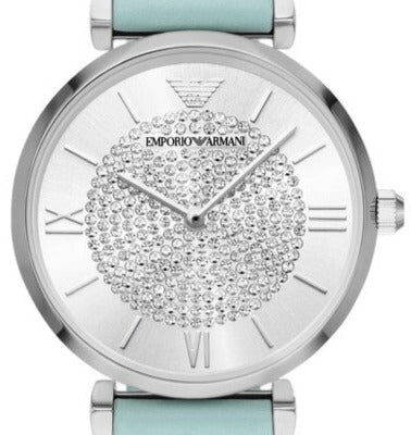 Emporio Armani Gianni T Bar Analog Crystals Silver Dial Blue Leather Strap Watch For Women - AR11443